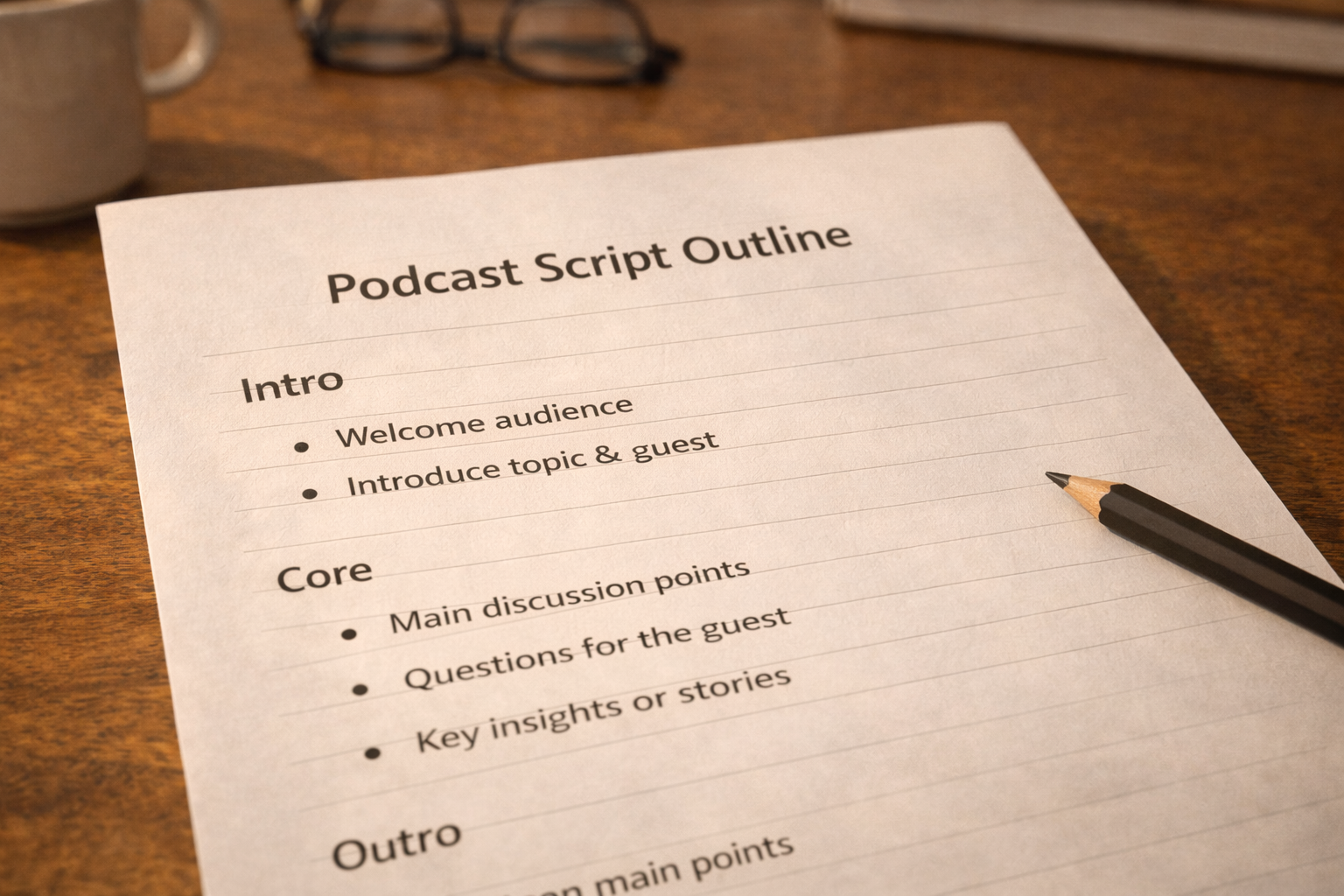 Podcast script outline on paper with sections labeled intro, core, outro, vintage tone