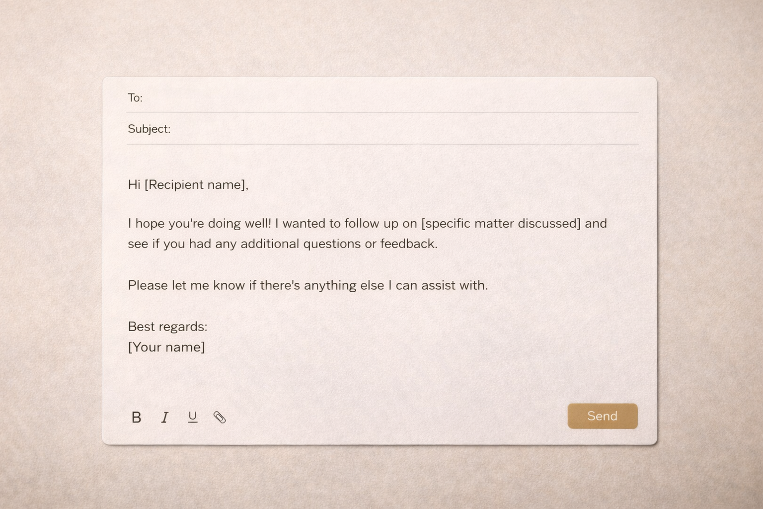 Client email draft with clean formatting, soft beige background, calm professional vibe