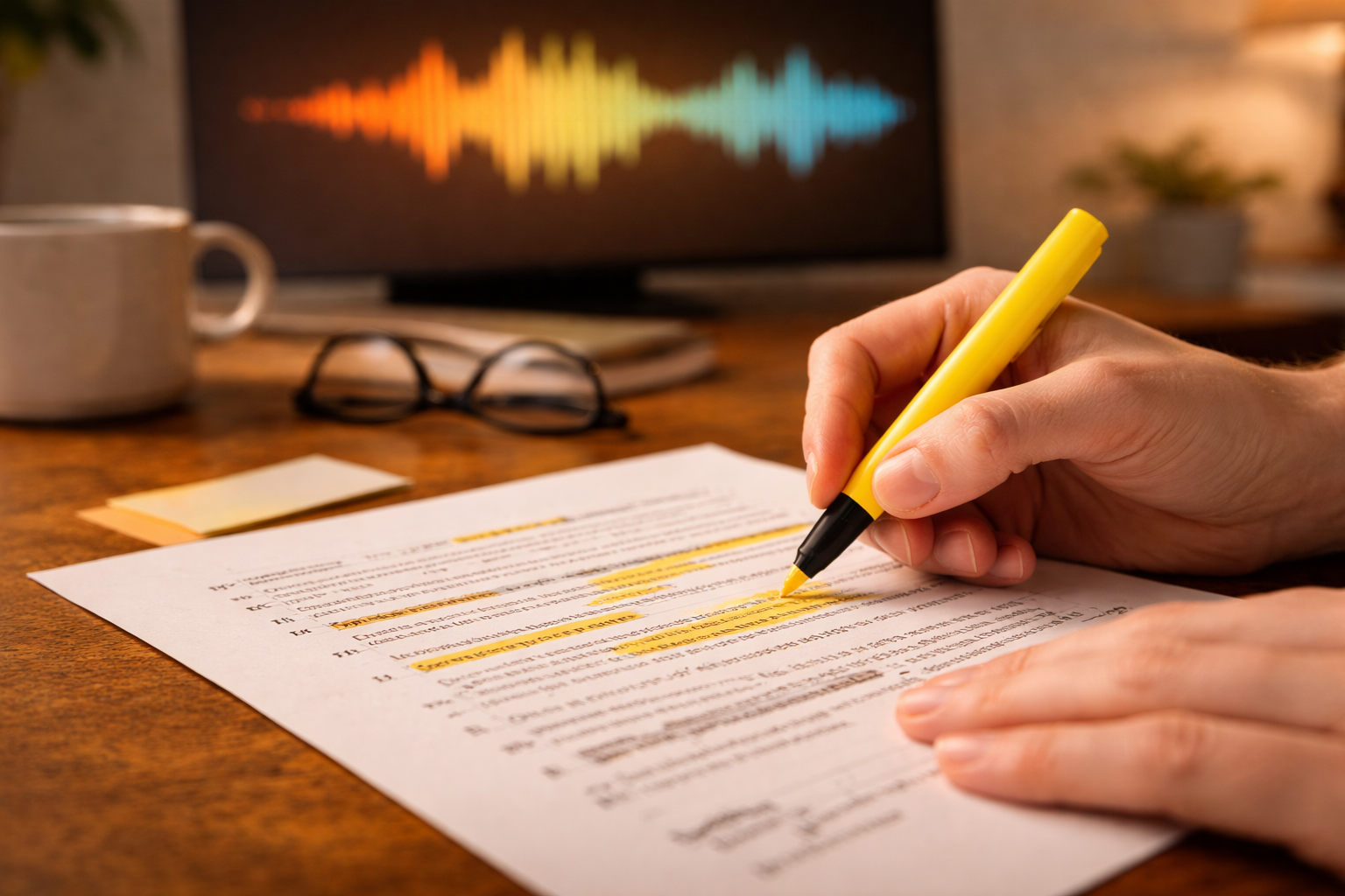 Hands editing a draft with a highlighter, voice waveform in the background, warm paper tones
