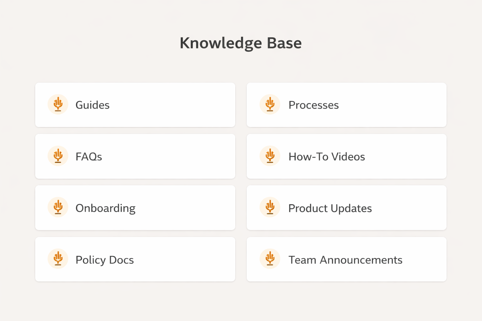 Knowledge base grid with small audio icons and labels, clean modern layout