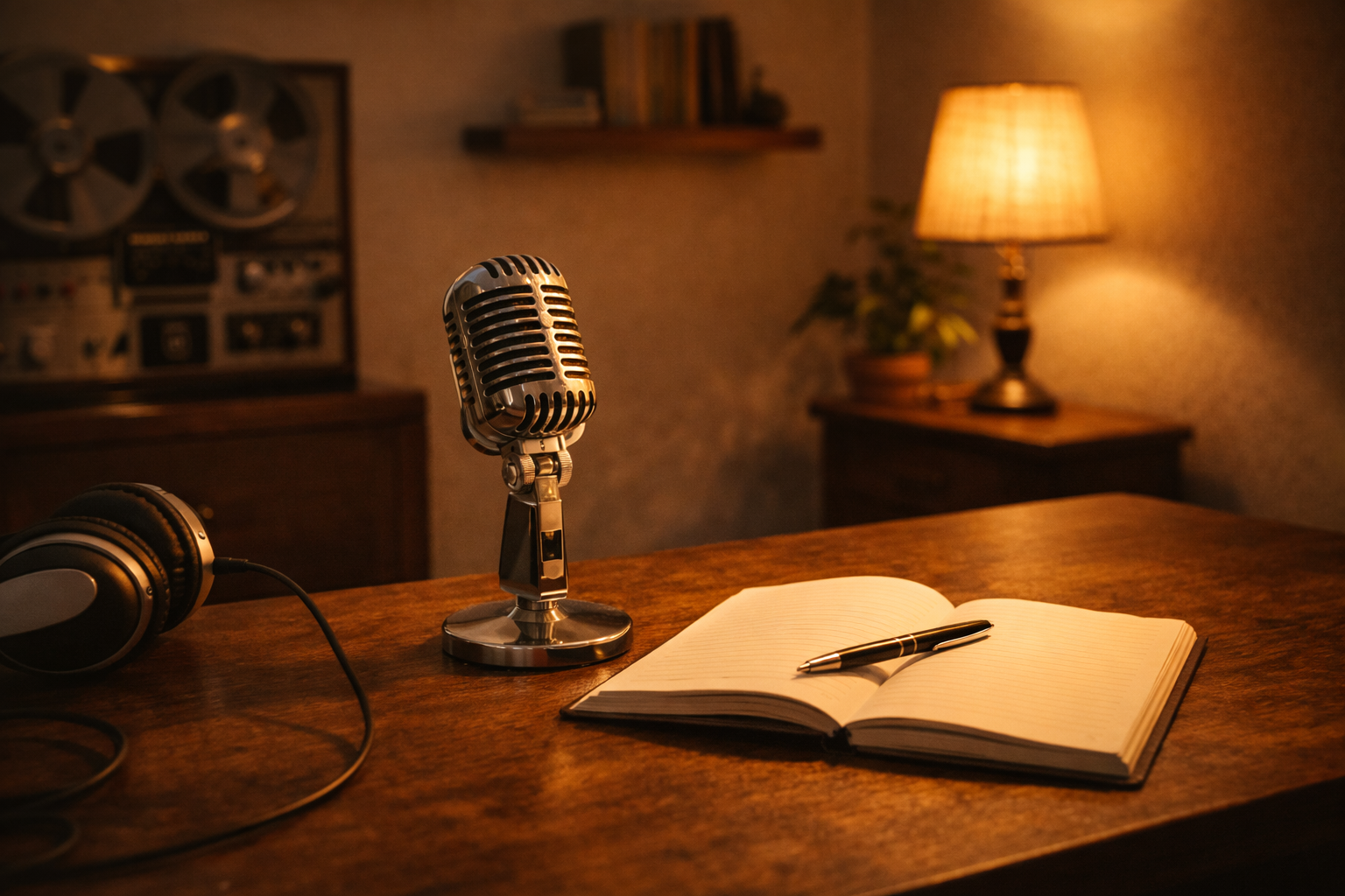 Vintage podcast studio setup with a single microphone, notebook, and warm lamp glow, cozy vintage tones