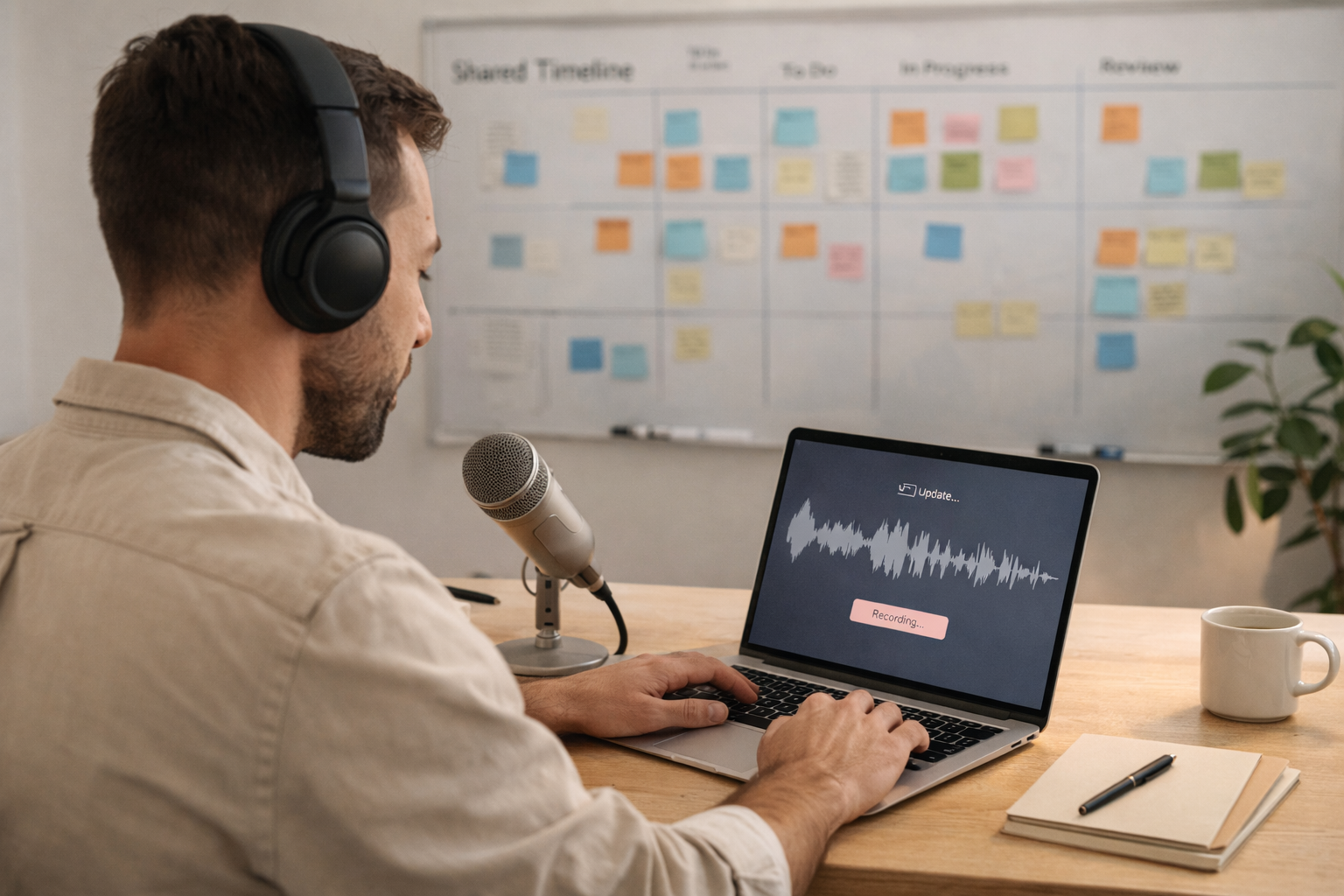 Team member recording a voice update on a laptop, with a shared timeline board in the background, calm office light