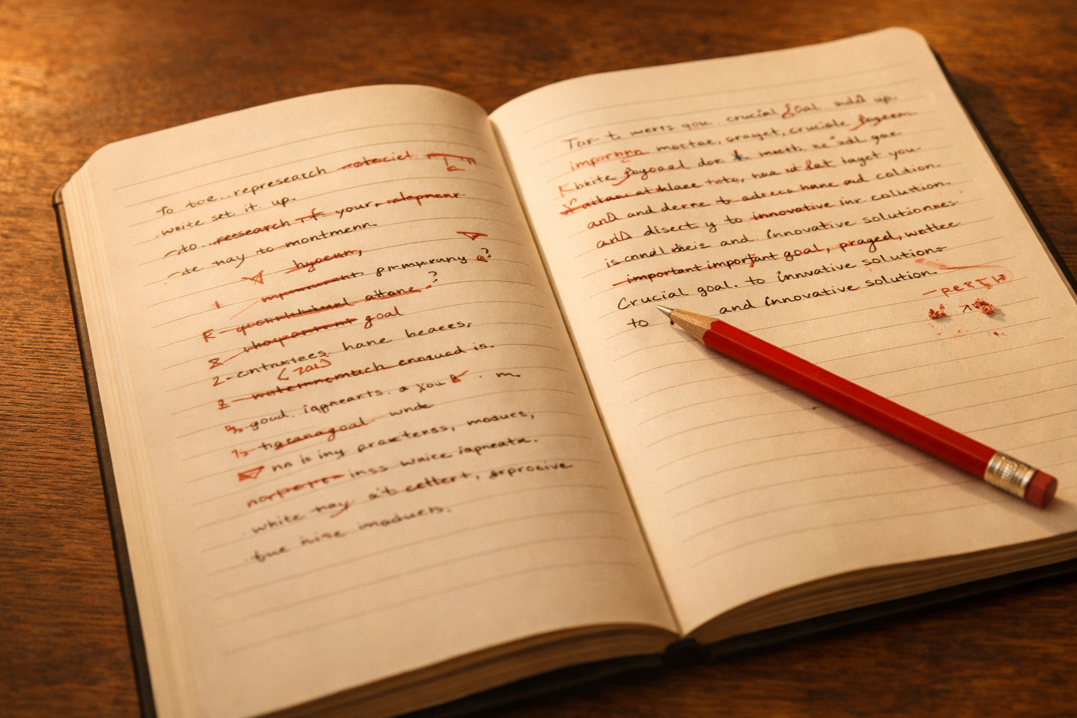 Notebook with handwritten edits and a red pencil, soft paper texture, warm ambient light